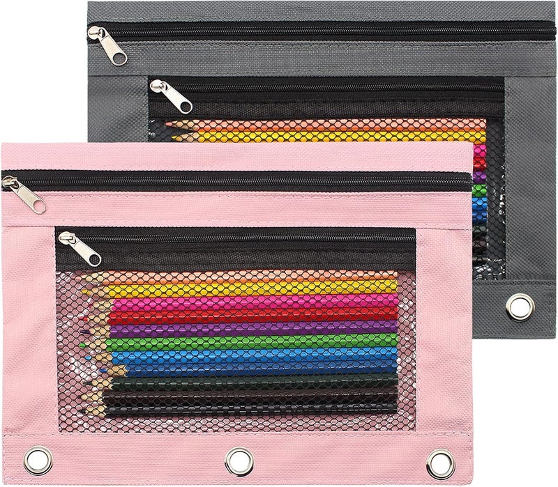 Cinvo Pencil Pouch 3 Ring Binder Pouch Zippered Pencil Case Canvas Pencil Bag with 2 Compartments (Set of 2, Pink and Grey) - Image 1